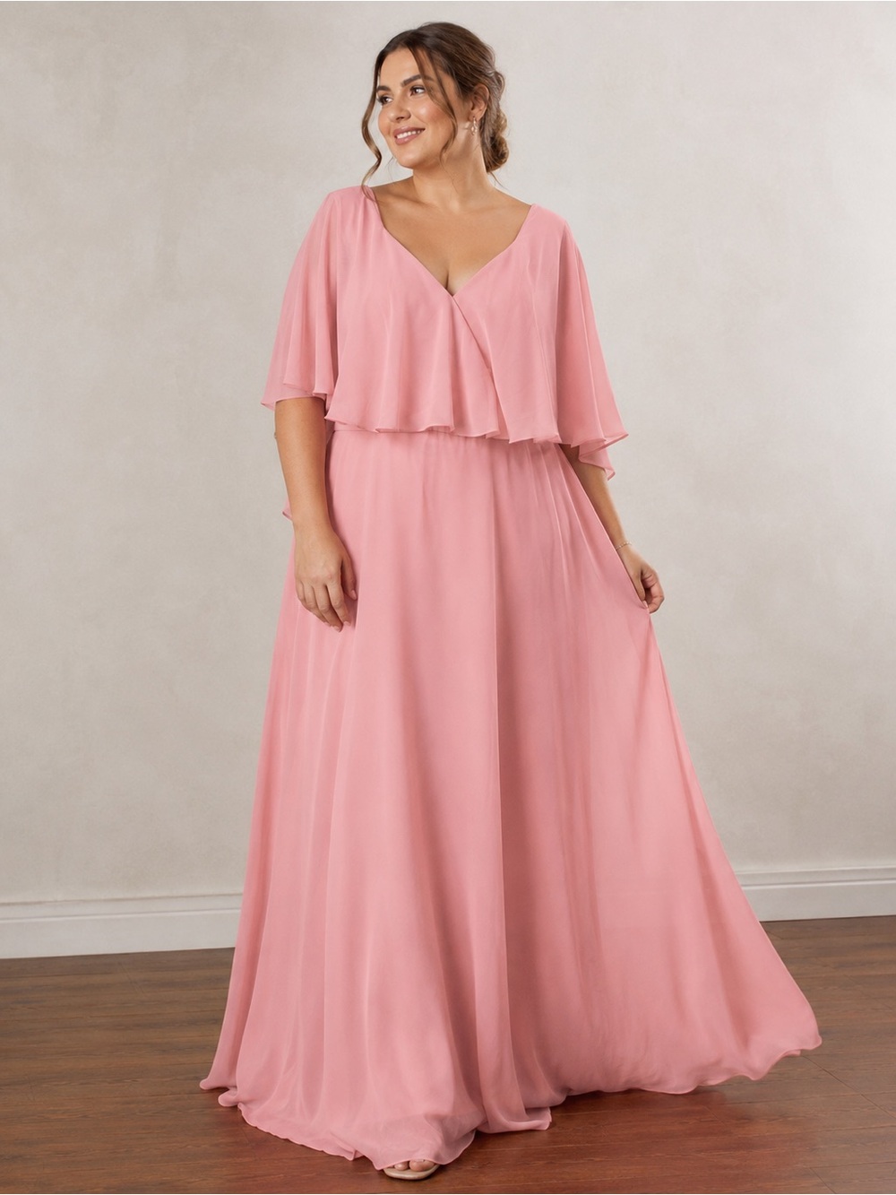 AW Bridal Plus Size Pinkn V-Neck Maxi Dress with Flutter Overlay